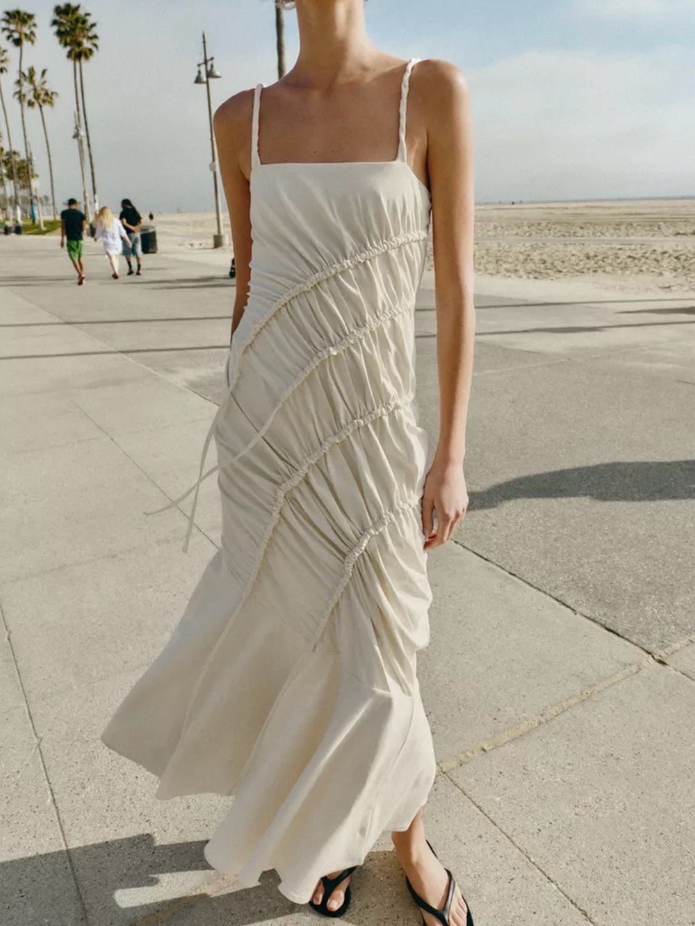 Zara Women's Cream Ruched Spaghetti-Strap Maxi Dress